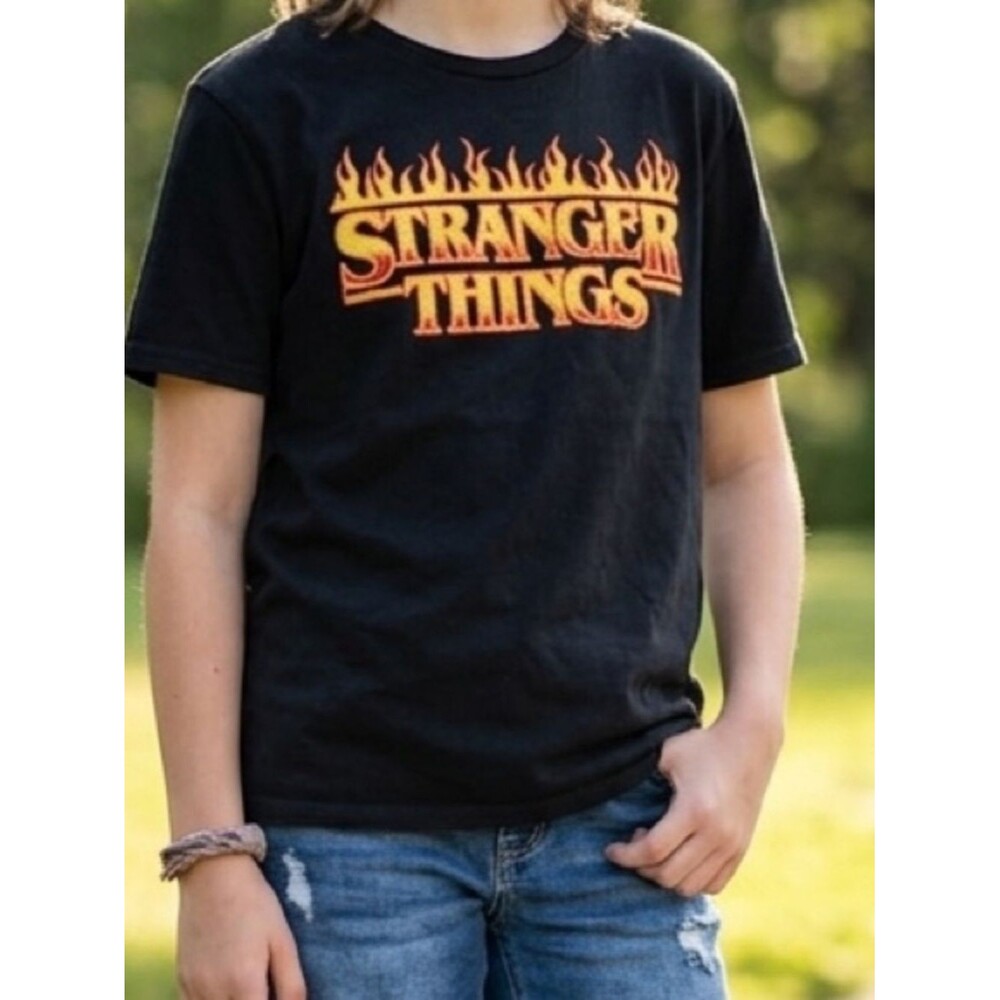 Teens Netflix Stranger Things Black Tee with Flame Logo sz 14/16